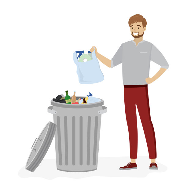 打开装有垃圾的金属垃圾桶。年轻人扔了一个装着垃圾的袋子。素材图片