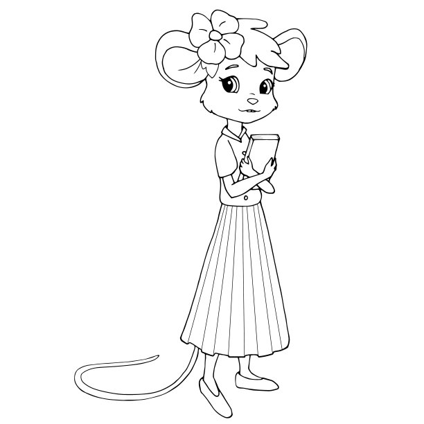 可爱的卡通老鼠穿着裙子，拿着一本书。插图着色书。图片下载