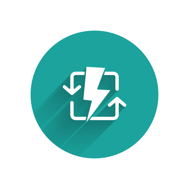 白色充电图标与长阴影隔离。电能的迹象。绿色圆圈按钮。矢量图图片下载