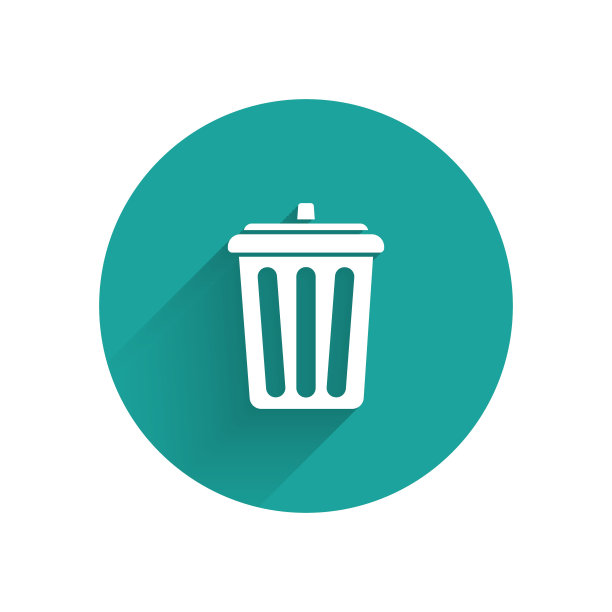 白色垃圾桶图标孤立与长阴影。垃圾桶的迹象。回收篮图标。办公室垃圾图标。绿色圆圈按钮。矢量图图片下载