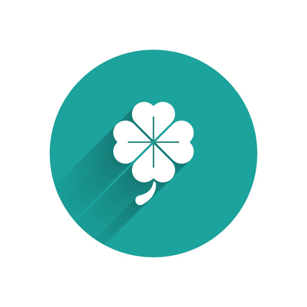 白色四叶三叶草图标孤立与长影。圣帕特里克节快乐。绿色圆圈按钮。矢量图图片下载