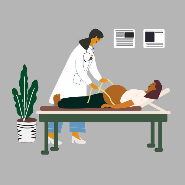 健康怀孕的概念。医生给孕妇做检查。妇产科医生用卷尺测量孕妇的肚子。平面彩色矢量插图。图片下载