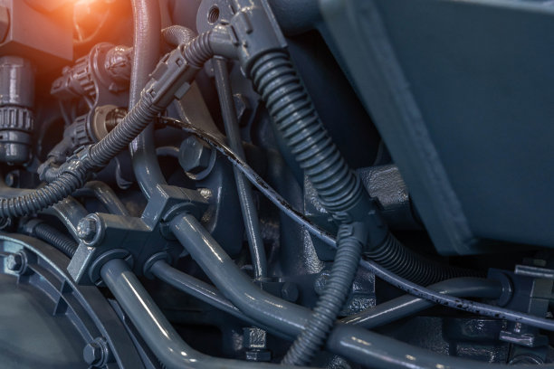 大型柴油机复杂机械管道特写素材图片