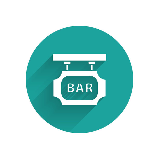 白色街道招牌与题词栏图标孤立与长影子。适用于广告酒吧、咖啡厅、酒吧、餐厅。绿色圆圈按钮。矢量图图片下载