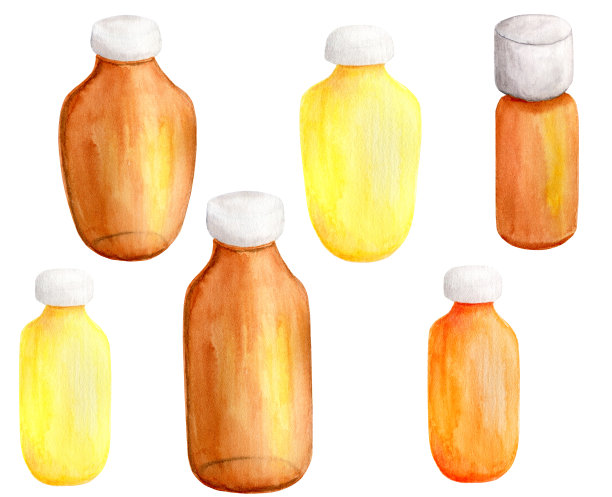 水彩玻璃瓶套装。手绘收集的暗黄色瓶水，药物，芳香疗法，精油，药水孤立在白色背景图片下载