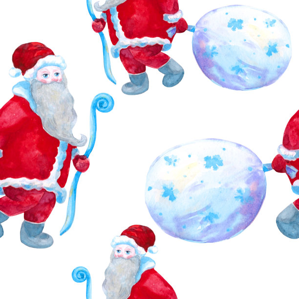 圣诞老人带着一袋礼物。水彩插图图片下载