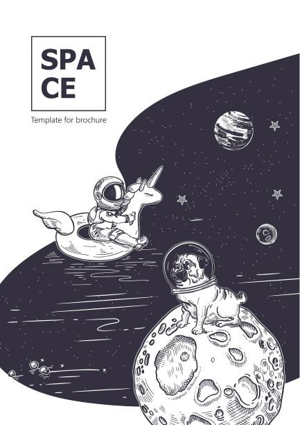 空间背景。宇航员在太空中绕着独角兽游一圈。帕格号宇航员正坐在一个星球上。图片下载