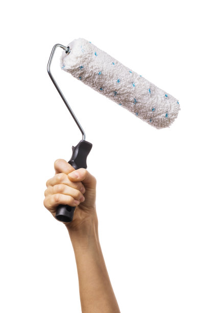 一名妇女的手举着一个滚筒，用来涂各种表面。工人与工具隔离在白色背景图片下载