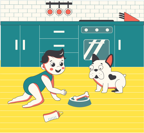 小婴儿和小狗从碗里吃东西图片下载