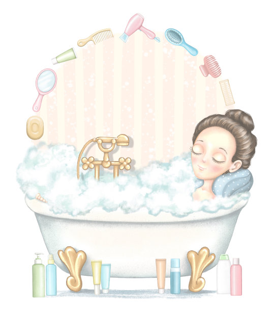 用在浴缸里的女孩和不同的卡通物体作身体护理化妆品图片下载