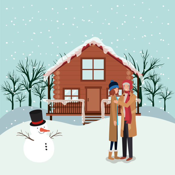 年轻夫妇用雪人庆祝圣诞节图片下载