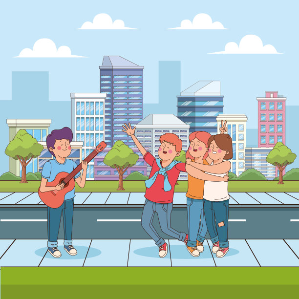 卡通少年在街上为他快乐的朋友们弹吉他图片下载