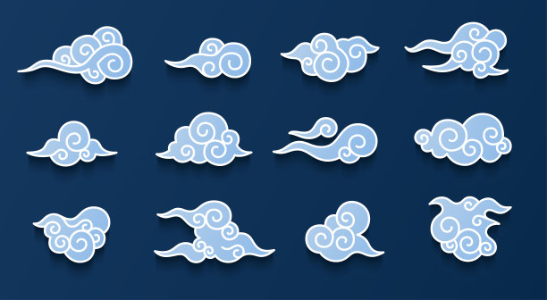 中国的云被孤立在蓝色的背景上。简单可爱的卡通设计。现代图标或标志的集合。现实的元素。平面风格矢量插图。素材图片