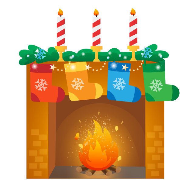 圣诞壁炉与装饰品和礼物。圣诞节。新年。明信片的装饰元素。卡对孩子图片下载