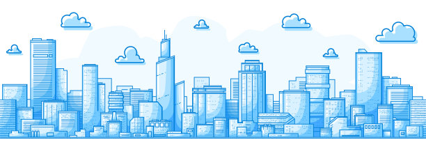 无缝的城市景观。城市与建筑。简单的蓝色背景。城市的轮廓。线的艺术。漂亮的模板。多层次的现代城市。平面风格矢量插图。图片下载
