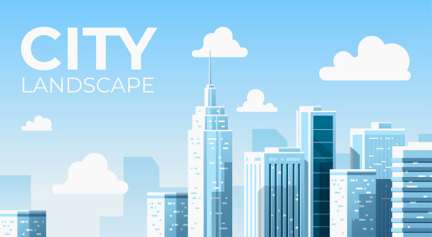 城市景观。城市与建筑。简单的蓝色背景。城市的轮廓。线的艺术。漂亮的模板。多层次的现代城市。平面风格矢量插图。图片下载
