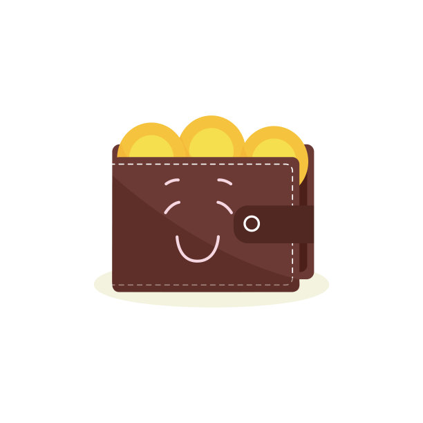 快乐的棕色钱包人物黄色硬币卡通风格图片下载