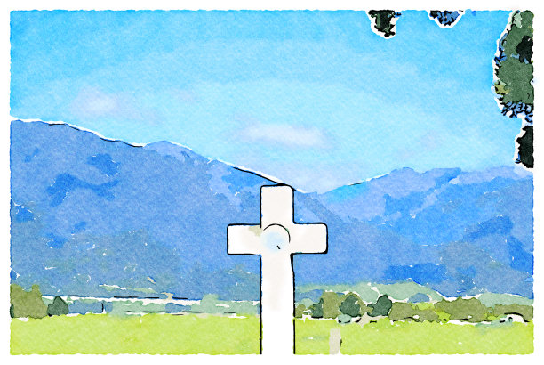 水彩画的宗教十字架在农村场景图片下载