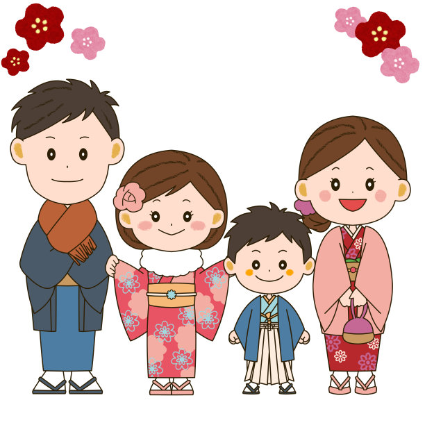 穿着和服的家庭的插图是用整个身体画的图片下载