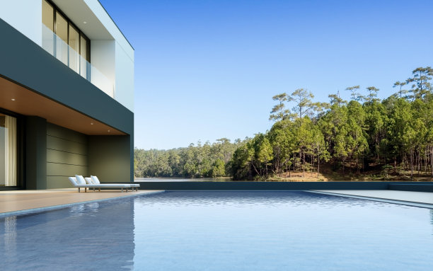 以森林湖为背景，白天带游泳池的豪华现代住宅，简约的建筑设计理念。三维渲染图片下载