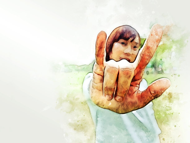 在水彩插画背景上，抽象色彩的女人表现出爱的情感符号。图片下载