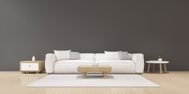 现代豪华客厅的视角与灰色墙壁背景上的白色沙发和边桌，简约。——3 d渲染。图片下载