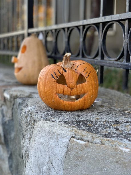 可爱的橙色南瓜。房子附近的万圣节标志图片下载