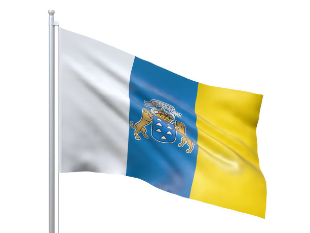 加那利群岛(西班牙的自治社区)的旗帜在白色背景上飘扬，靠近，孤立。三维渲染图片下载