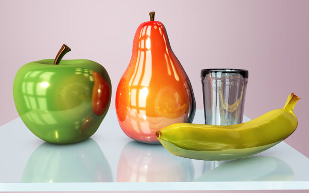 玻璃中的苹果香蕉和梨创意静物画的3d插图放在粉色房间的玻璃桌子上，模仿白天的光线图片下载
