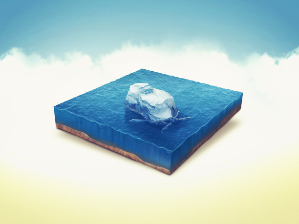 全球变暖，冰山融化。气候变化。海水与冰和冰山的部分，孤立的，等距的3d插图。图片下载