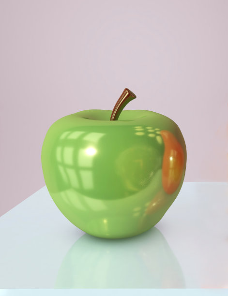 绿色苹果创意静物的3d插画放在粉色房间的玻璃桌子上，模仿白天的光线图片下载