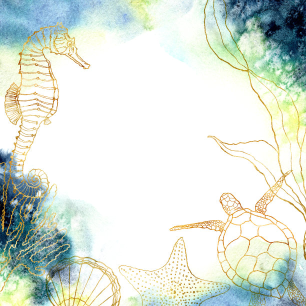 水彩水下卡与金色动物。手绘组成与海马，海龟和贝壳孤立在白色的背景。线条艺术插图设计，织物印花或背景。图片下载