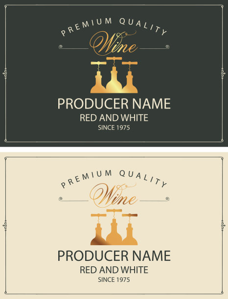 一套两个向量葡萄酒标签与金色瓶子图片下载