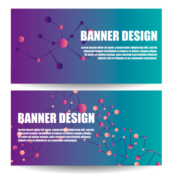 抽象分子横幅设置圆，线，几何，多边形。科学海报设计，结构化学，连接原子核原子插图。DNA分子的演示设计图片下载