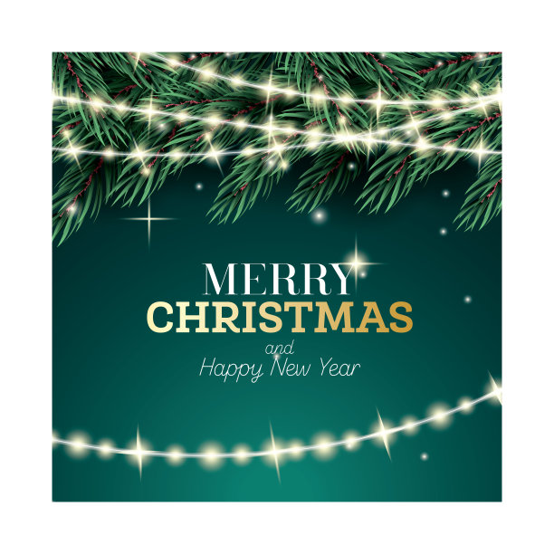 冷杉枝与霓虹灯花环在绿色的背景。圣诞快乐，恭贺新禧。图片下载