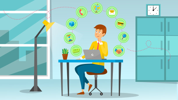 商人正在办公室工作。围绕着他设计营销图标。平的风格。矢量插图。图片下载
