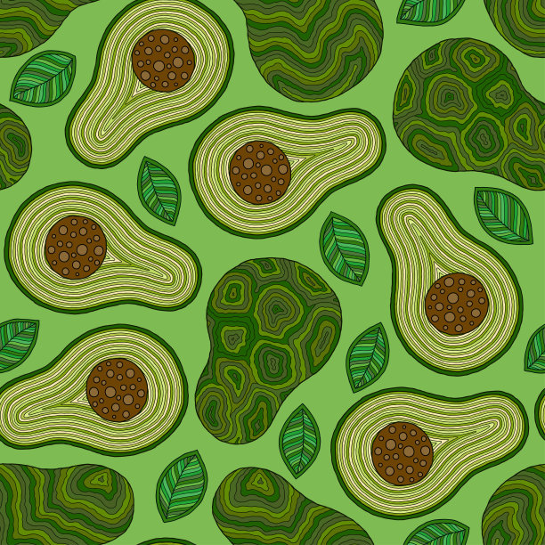 绿色背景上的牛油果卡通无缝图案。图片下载