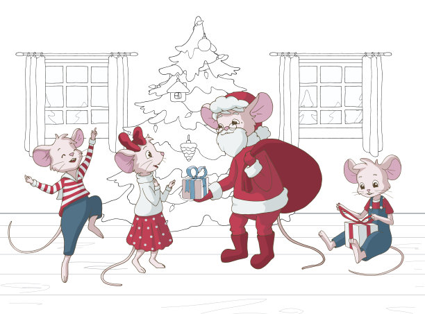 可爱的卡通鼠标。圣诞老人给快乐的孩子们分发礼物。贺卡模板。图片下载