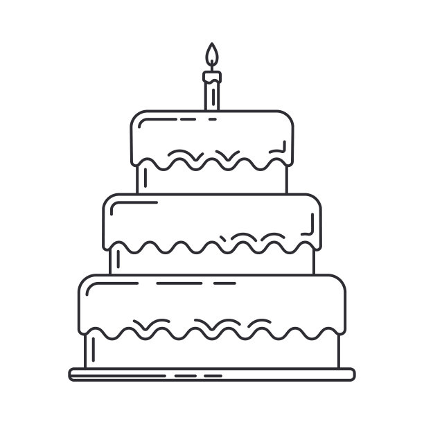 线生日蛋糕，派与蜡烛图标。生日快乐。派对庆典、节日盛事、狂欢派对元素图标。向量的线性设计。说明的对象。祝贺符号。图片下载