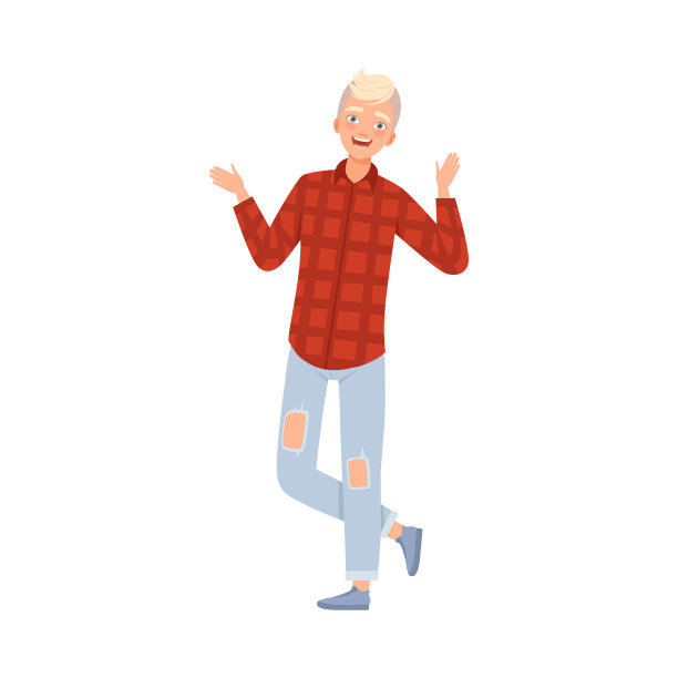年轻时尚的男人站起来，微笑的手在平面矢量插图图片下载