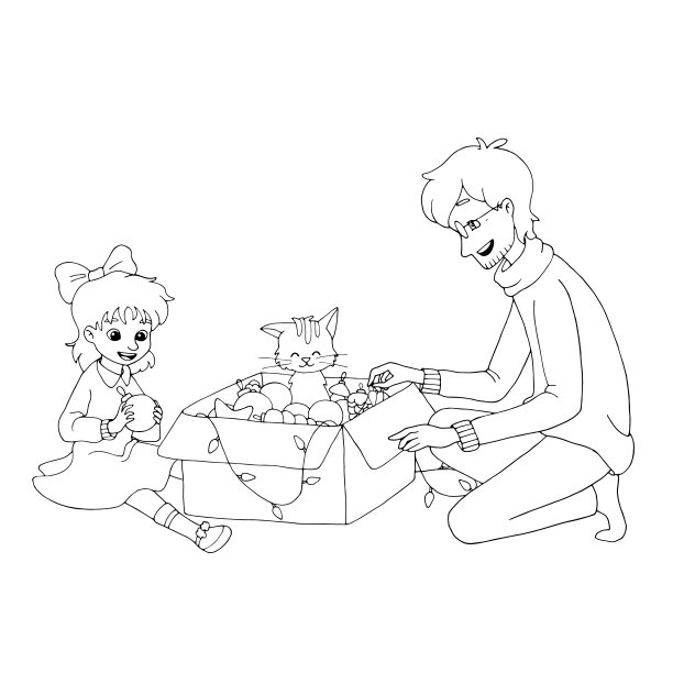 爸爸和女儿打开一个装着圣诞树玩具的盒子。黑白矢量插图着色书。图片下载