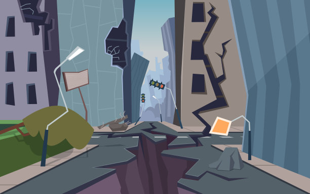 受损的城市。城市景观被破坏，地面开裂，房屋倒塌，自然灾害断层矢量卡通背景图片下载