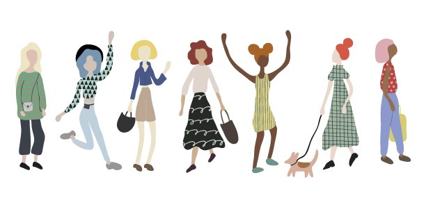 一群女人牵着狗散步，站着，跳舞，跑步，购物。女孩们穿着时髦的衣服。城市街道上的户外活动。女性角色。矢量插图在平面卡通风格图片下载