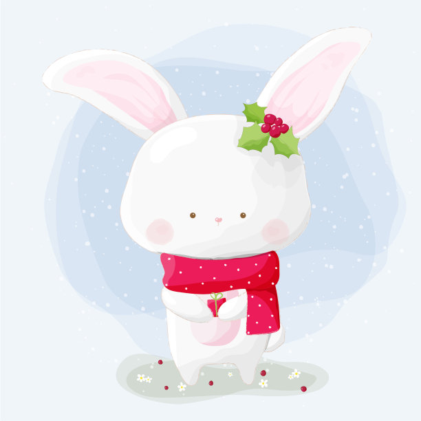 可爱的手绘兔子与红色围巾在冬天的背景图片下载