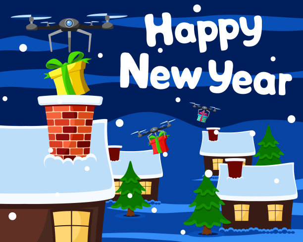四轴飞行器运送礼盒，然后从烟囱里扔下去。圣诞节的背景图片下载