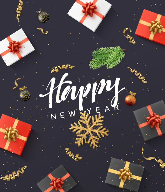 新年背景快乐。圣诞组成。礼物、五彩纸屑、金色雪花和圣诞球图片下载