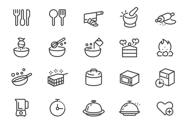 不同的烹饪与厨房用具在轮廓图标风格。图片下载