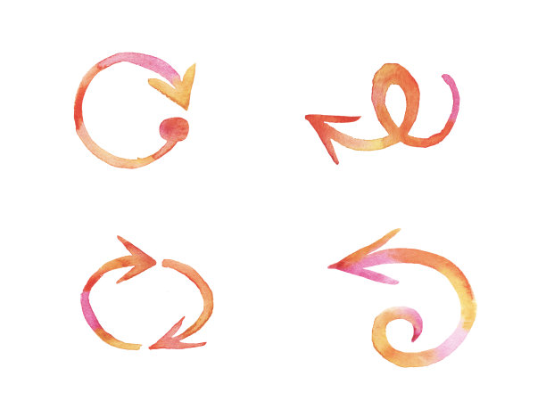 橙色和粉红色水彩手绘笔触箭头收集孤立的白色背景。图片下载