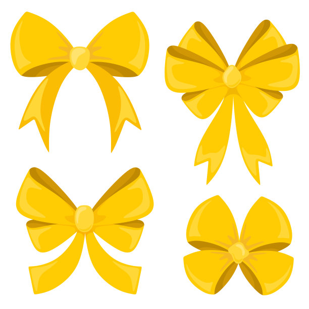 金弓。缎子黄色蝴蝶结圣诞节和礼物包装。矢量隔离在卡通平面风格。图片下载