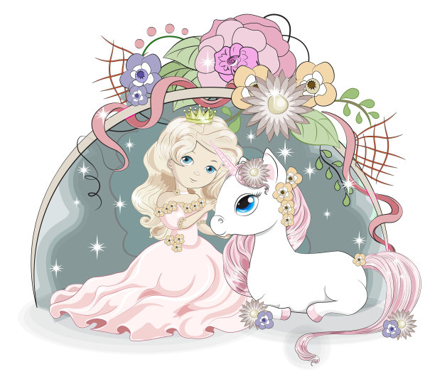 金发公主和盛开的白色独角兽图片下载